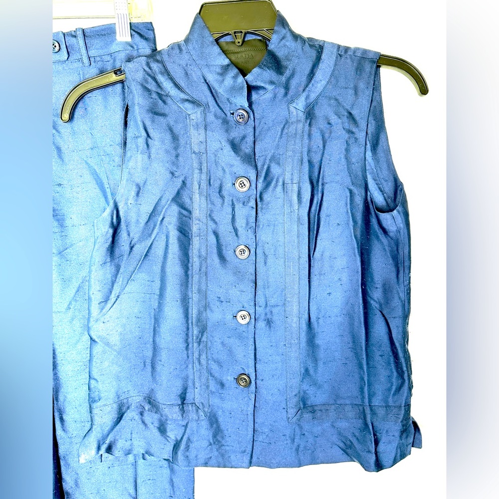 Prada Milano Vintage Women Size 44 Blue Slub Silk Top Button Down Made Italy